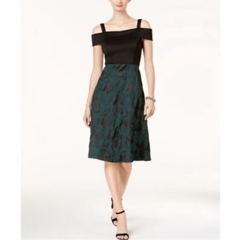 Donna Ricco Off The Shoulder Satin Jacquard Fit & Flare Dress in Emerald